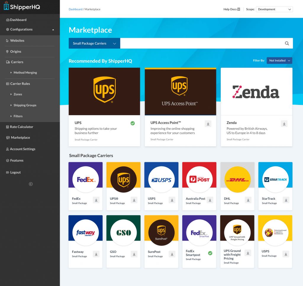 ShipperHQ Marketplace dashboard view