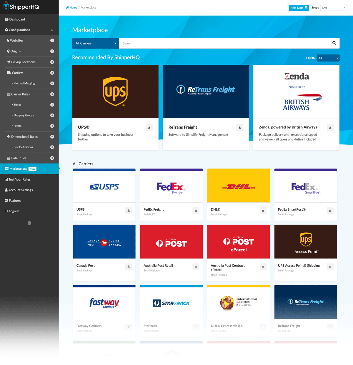 ShipperHQ Marketplace dashboard view