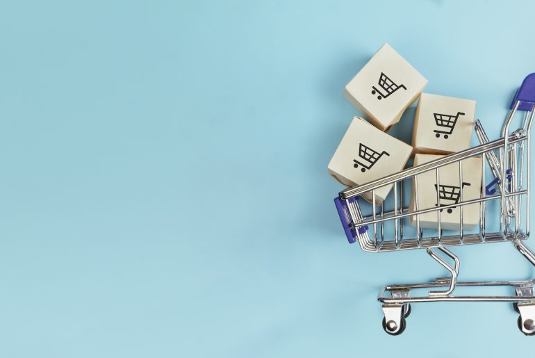 shopping cart with blue background about 2020 retail trends