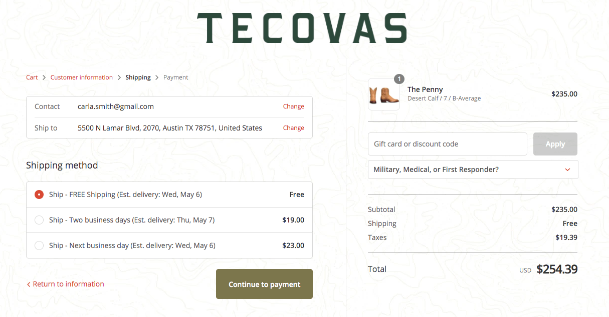 Tecovas eCommerce website checkout page with shipping rates quoted by ShipperHQ
