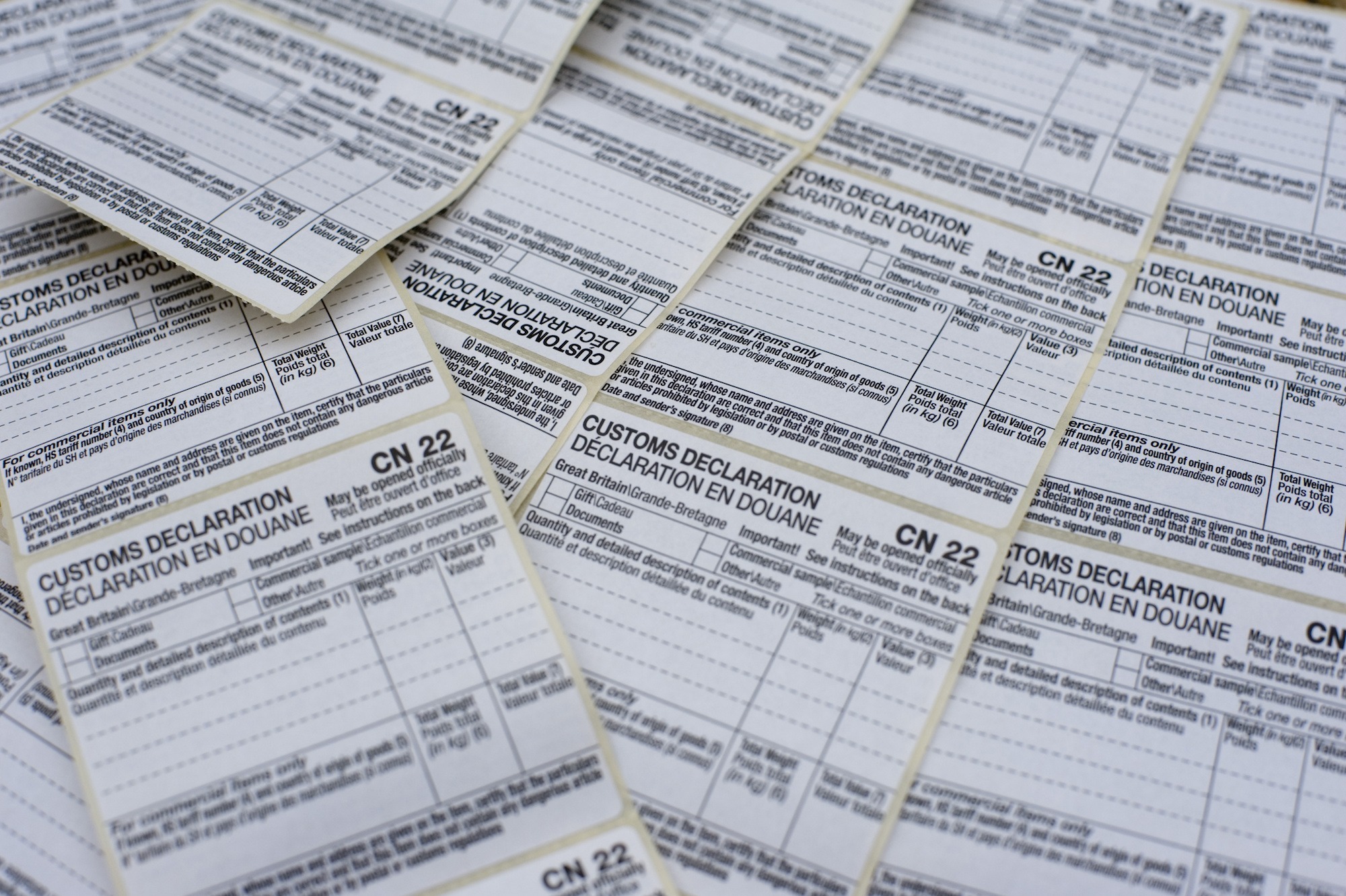 Complicated pile of customs' declaration forms