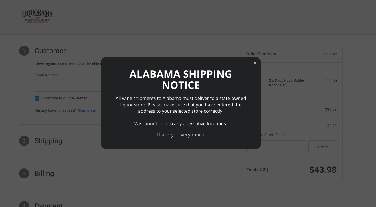 Alcohol Shipping Compliance notice
