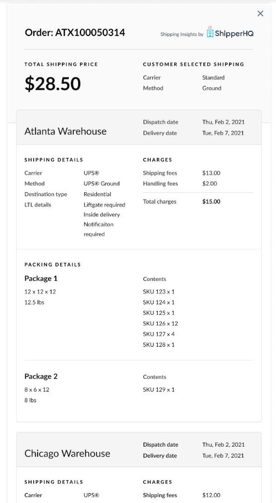 Preview of Shipping Insights' organized shipping details