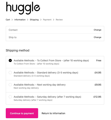 Huggle, a ShipperHQ customer, offers their customers the gift of choice with In-Store Pickup. Shipping Insights allows them to see which pick up location is chosen at checkout.

