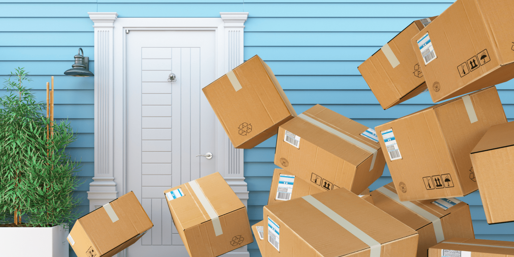 Delivery boxes in a pile at the front door of customer who loves free shipping