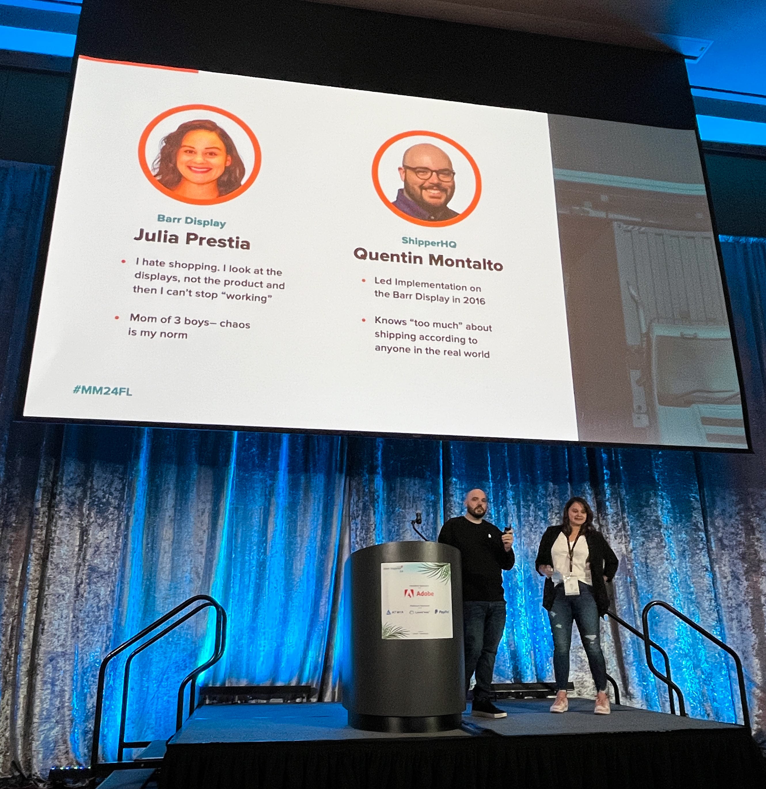 Quentin Montalto and Julia Prestia highlight ShipperHQ's role in transforming Barr Display's shipping and checkout process at Meet Magento Florida 2024